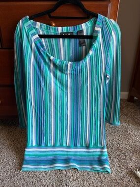 Axcess Teal and Blue Striped Scoop Neck Long Sleeve Top